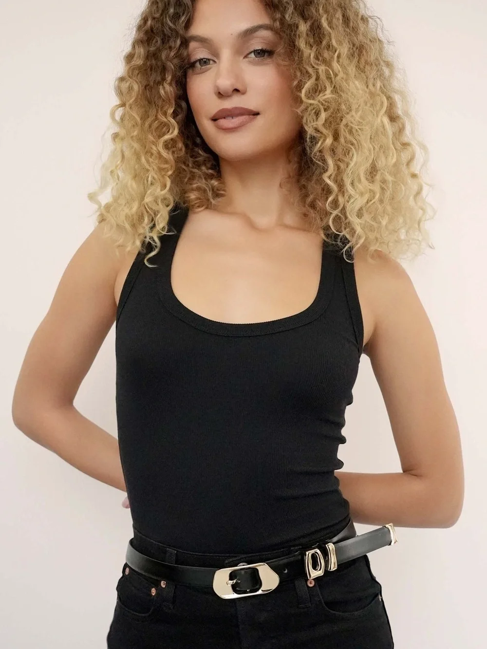 ettika Black Leather Belt with Gold Buckle Accents